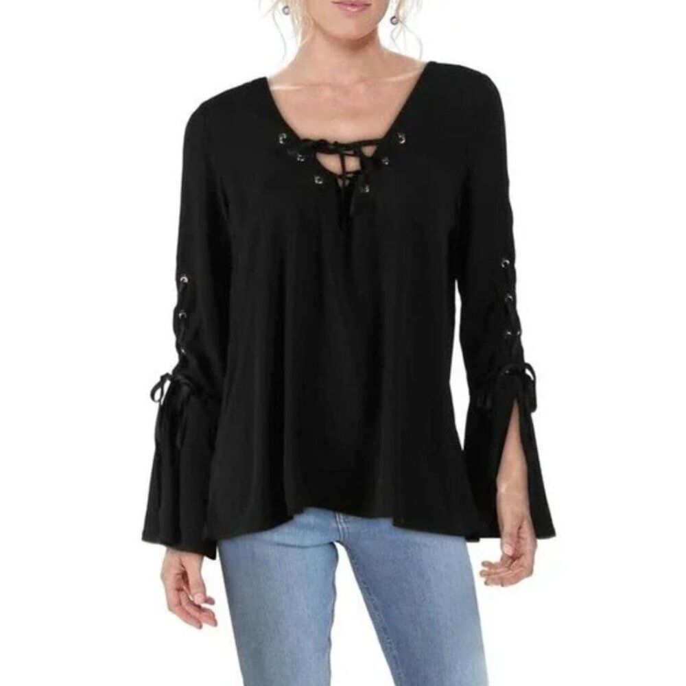 NWT BAND OF GYPSIES BLACK LACE UP BELL SLEEVE BOHO TOP - MED